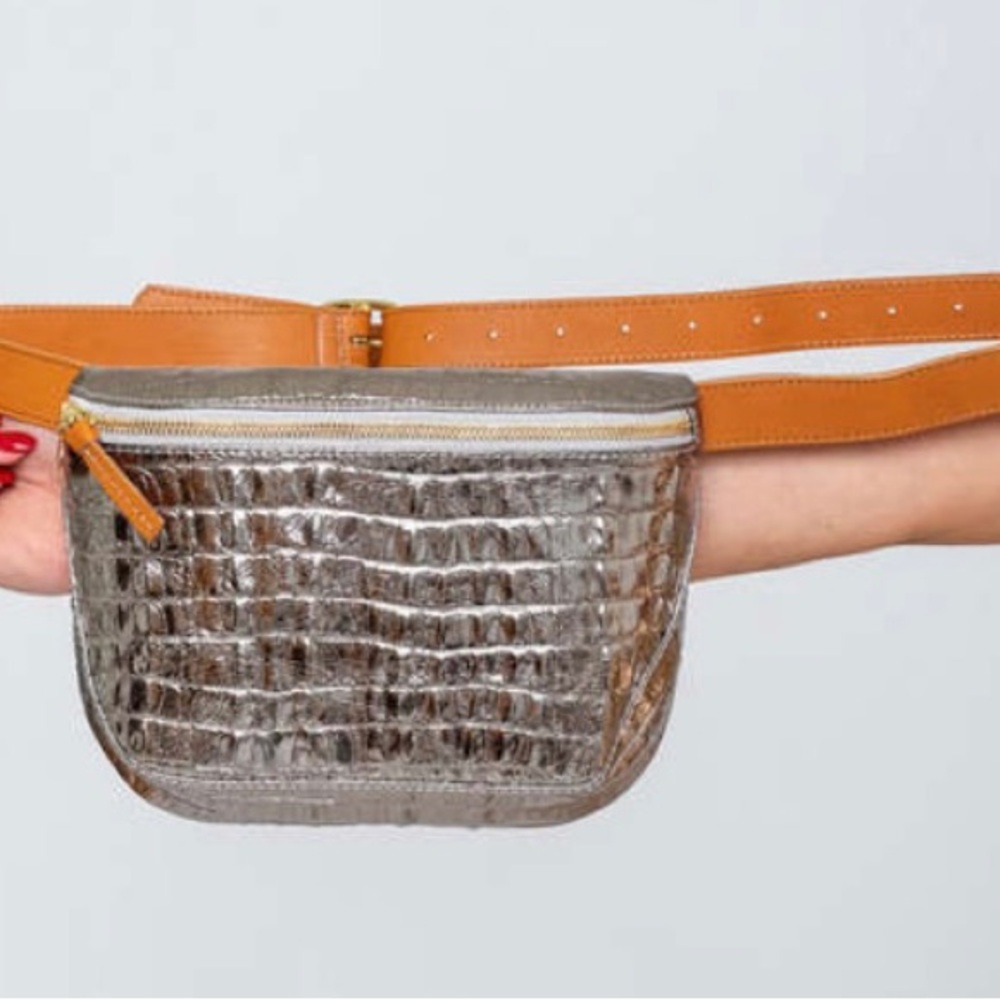 Clare V Silver Crocodile-Embossed Belt Bag